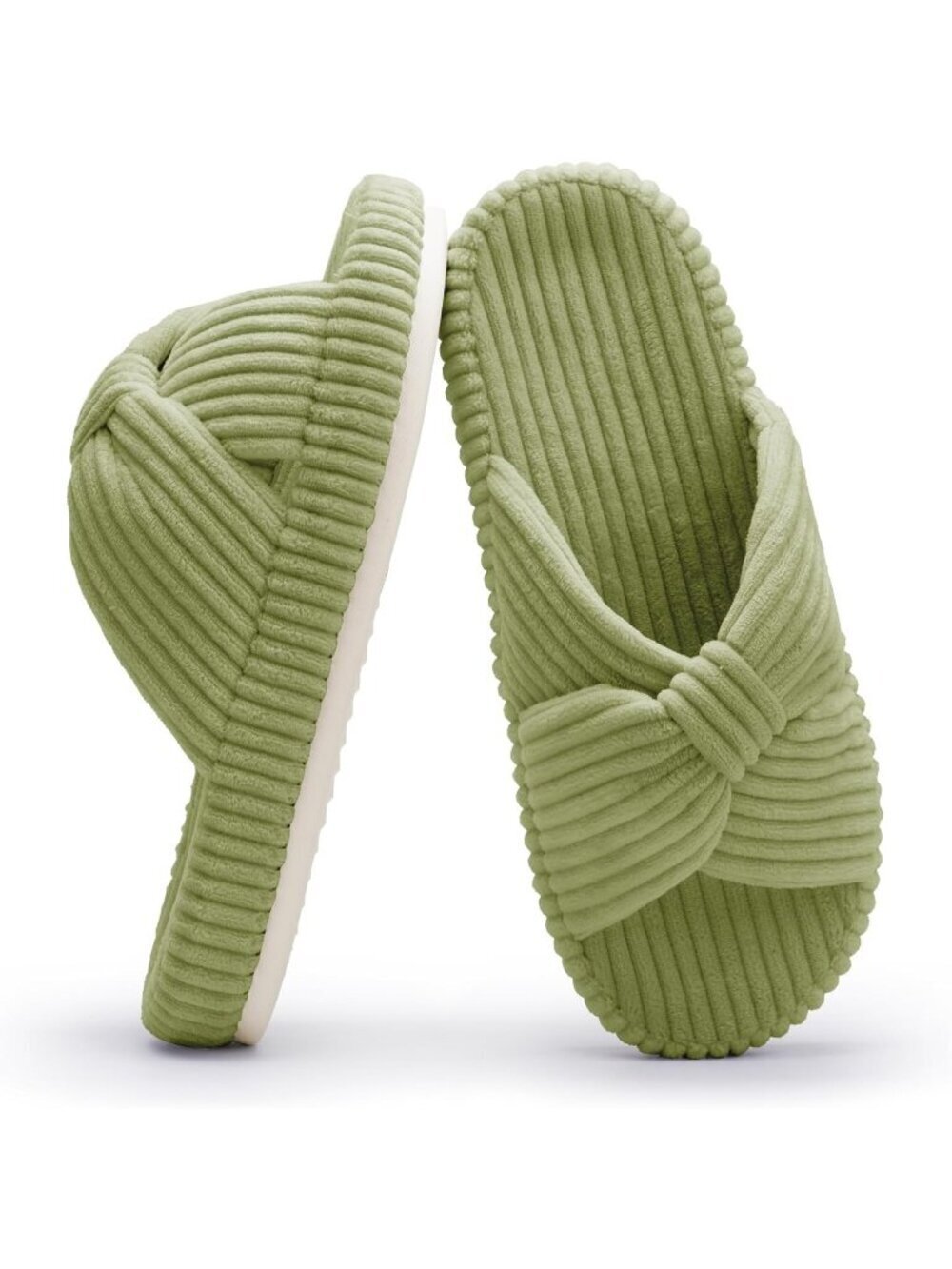 Women's Green Memory Foam House Corduroy Bow Crossbands Comfy Soft Slipper Shoes